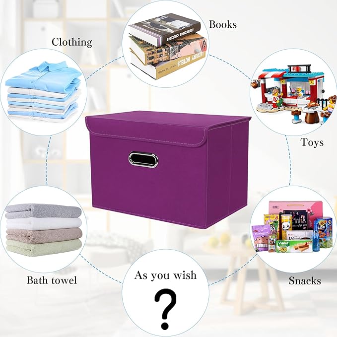 STOREONE Fabric Storage Cube Bins Foldable Organizer Container Collapsible Basket with Lids and Metal Handles, for Home, Bedroom, Closet 3 Pcs (Purple)