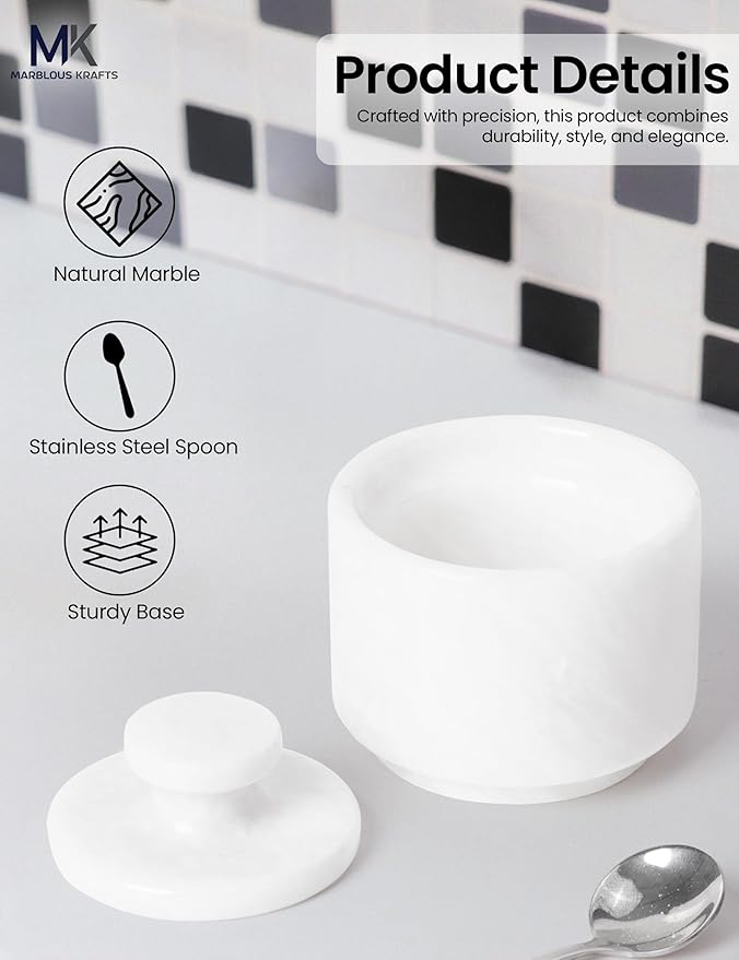 Marble Salt Cellar 3" Inch White Celtic Salt, Seasoning Containers for Kitchen Decor, Set of 2 Spice Jars, Countertop Storage, Sugar Bowl with Lid and Spoon, Ideal Mother’s Day Gift for Mom