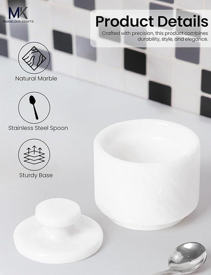 Marble Salt Cellar 3" Inch White Celtic Salt, Seasoning Containers for Kitchen Decor, Set of 2 Spice Jars, Countertop Storage, Sugar Bowl with Lid and Spoon, Ideal Mother’s Day Gift for Mom