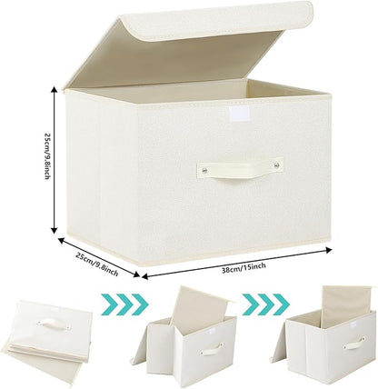 Storage Boxes, Collapsible Storage Bins with Lids, Cotton and linen cloth Storage Baskets with Handle, for Books, Closet, Bedroom, Home, 15x9.8x9.8 in, Beige