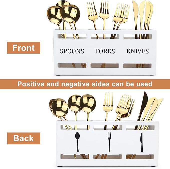 Wooden Silverware Cutlery Holder White Flatware Caddy Small Kitchen Utensil Holders for Party Wood Silverware Organizer Storage for Table Countertop Spoon and Fork Holder Utensils Caddy Basket