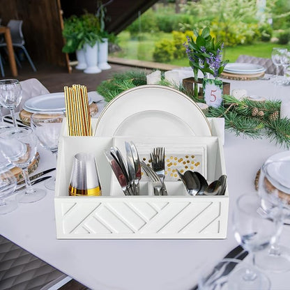 Ukonvi Paper Plate Dispenser, Paper Plate Holder for Kitchen Counter, Wood Rustic Silverware Utensil Caddy, Cutlery Flatware Organizer Box for Cups Spoons Forks Plates Napkins, Kitchen Accessories