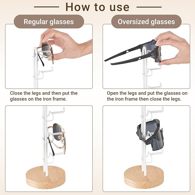 Mkono Sunglasses Organizer Glasses Holder Stand Sunglass Storage Eyeglasses Rack Metal Frame with Wood Base for 5 Pairs of Eyewear Display for Table Desk Countertop Dresser Bedroom (1, Wood)