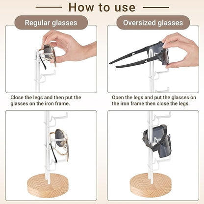 Mkono Sunglasses Organizer Glasses Holder Stand Sunglass Storage Eyeglasses Rack Metal Frame with Wood Base for 5 Pairs of Eyewear Display for Table Desk Countertop Dresser Bedroom (1, Wood)