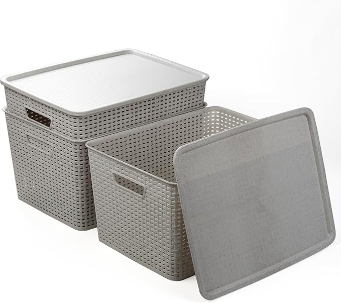 BINO | Plastic Storage Baskets with Lids, 33 Liter - 3 Pack, Natural Grey | THE WOVEN COLLECTION | Storage Basket for Shelves | Woven Storage Baskets for Organizing Bins | Pantry Shelf Organizer Bin