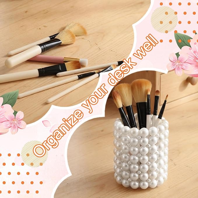 Domensi Pearl Makeup Brush Holder Clear Pencil Pen Holder Makeup Brush Storage Container Cup for Table, Dresser, Bathroom, Bedroom Organization