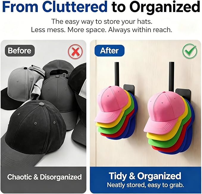 Hat Organizer 4 Pack, Hat Rack for Baseball Caps Holds 10+ Caps Each, Hat Hooks for Wall, Strong Adhesive & Screw Mount Hat Holder, Space Saving Storage for Closet Door Bedroom, RV Accessories, Black