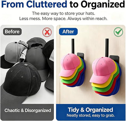 Hat Organizer 4 Pack, Hat Rack for Baseball Caps Holds 10+ Caps Each, Hat Hooks for Wall, Strong Adhesive & Screw Mount Hat Holder, Space Saving Storage for Closet Door Bedroom, RV Accessories, Black