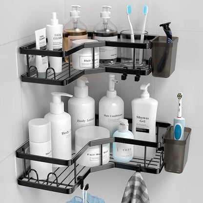AKTECKE Corner Shower Caddy, 2 Pack Adhesive Shower Corner Organizer Shelves, No Drilling Stainless Steel Shower Storage Rack with Hooks&Toothpaste Holder for Bathroom Kitchen （for 90° Corners Only）
