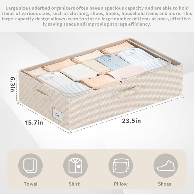 CYhom 3Pcs Under Bed Storage Bins with Metal Frame - Shoe Organizer for Closet with Clear Cover Oxford Fabric Sturdy Underbed Container Foldable Stackable Clothes Organizer (Beige, 23.5x15.7x6.3)