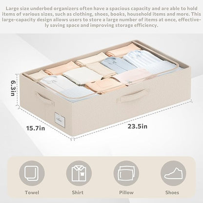 CYhom 3Pcs Under Bed Storage Bins with Metal Frame - Shoe Organizer for Closet with Clear Cover Oxford Fabric Sturdy Underbed Container Foldable Stackable Clothes Organizer (Beige, 23.5x15.7x6.3)