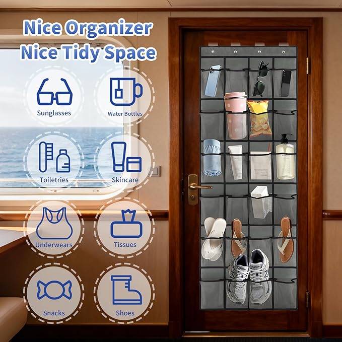 Over The Door Organizer for Cruise Ships 24 Pockets Door Organizer Hanging Magnetic Organizer Travel Hanging Storage Cruise Must Haves Cruise Ship Essentials (Grey)