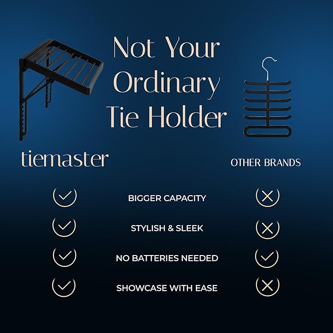 TieMaster Tie Rack and Scarf Organizer, Battery-Free Design, Holds 60 Ties and Scarves with 5 Belt Hooks, Easy Installation, Wall Mounted Tie Organizer, Luxury Gift for Men & Women