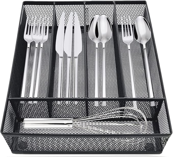 COSWE Silverware Tray for Drawer, Silverware Organizer, Metal Drawer Organizer Kitchen Utensils with Foam Feet Multi Compartments Cutlery Organizer in Drawer (BLACK)