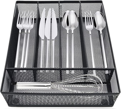 COSWE Silverware Tray for Drawer, Silverware Organizer, Metal Drawer Organizer Kitchen Utensils with Foam Feet Multi Compartments Cutlery Organizer in Drawer (BLACK)