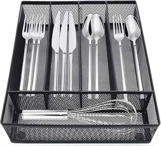 COSWE Silverware Tray for Drawer, Silverware Organizer, Metal Drawer Organizer Kitchen Utensils with Foam Feet Multi Compartments Cutlery Organizer in Drawer (BLACK)