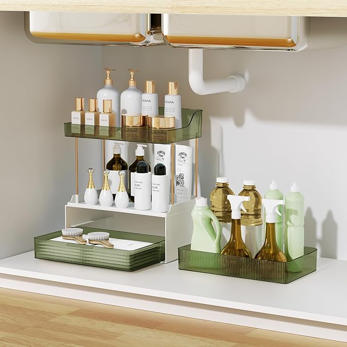 Bathroom Countertop Organizer with 2-Drawer, 3 Tier Makeup Organizer for Vanity, Large Multi-Purpose Makeup Skin Care Organizer for Vanity, Dark Green