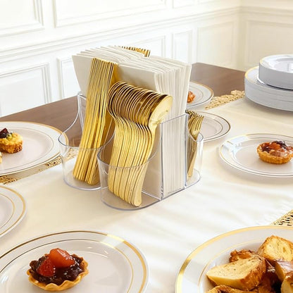 Cutlery Holder for Party - 5 Compartment Cutlery Organizer & Napkin Holder Silverware Caddy Clear with 120 Pcs Gold Plastic Spoons Disposable Forks Knives & Dinner Napkins for Party