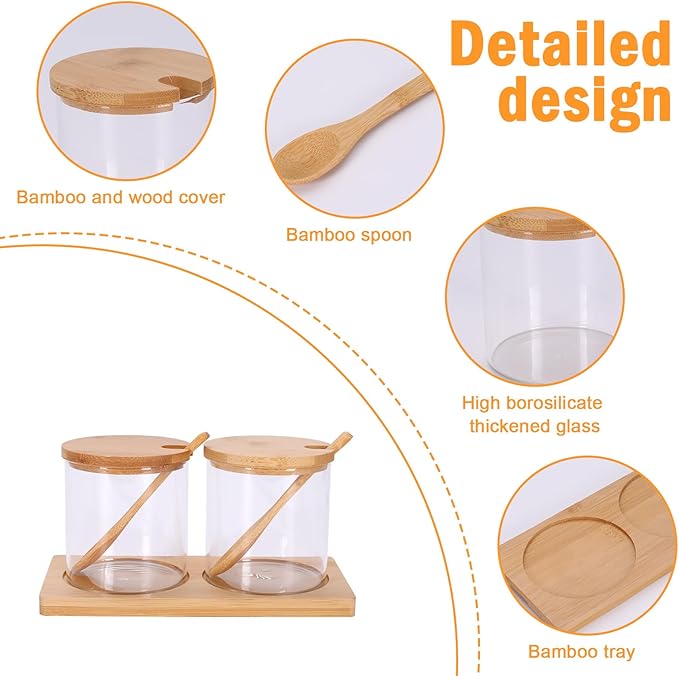 2 PCS Condiment Containers, Spice Rack with Bamboo Spoon Lid and Base, Sugar Bowl, Salt and Pepper Shakers Set for Salt Sugar Tea Herbal Coffee Beans, Clear