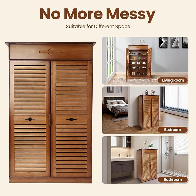 5 Tier Shoe Cabinet with Drawer, Bamboo Shoe Cabinet Organizer with Door, Retro Entryway Shoe Storage Cabinet for Closet, Living Room, Bedroom, Hallway, Doorway