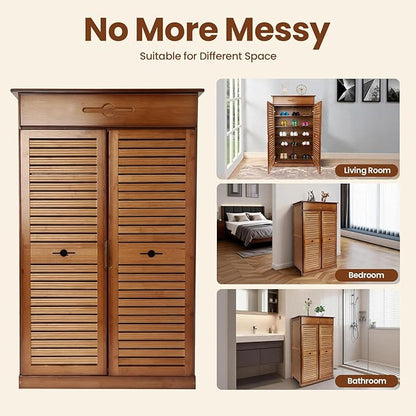 5 Tier Shoe Cabinet with Drawer, Bamboo Shoe Cabinet Organizer with Door, Retro Entryway Shoe Storage Cabinet for Closet, Living Room, Bedroom, Hallway, Doorway