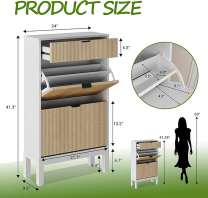 IDEALHOUSE Shoe Storage Cabinet with 2 Flip Drawers, Farmhouse Fluted Shoe Organizer with Metal Legs, Freestanding Hidden Slim Narrow Shoe Rack for Entryway, Foyer, Hallway