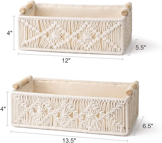Mkono Macrame Storage Baskets Boho Decor Box Handmade Woven Decorative Countertop Toilet Tank Shelf Cabinet Organizer for Bedroom Livingroom Home, Set of 2, Ivory