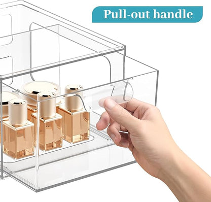 SpaceHacks 2 Pack Stackable Plastic Makeup Organizer Drawers, Acrylic Organizers, Clear Storage Bins with Pull-Out Handles for Vanity, Kitchen Cabinets, Pantry
