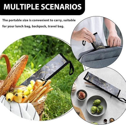 COEQINE Marble Utensil Holder Portable Travel Rose Flower Utensil Bag Flatware Bag Tableware Case for Travel Frok Spoon Knife With Case Carry On Zipper Cutlery Pouch