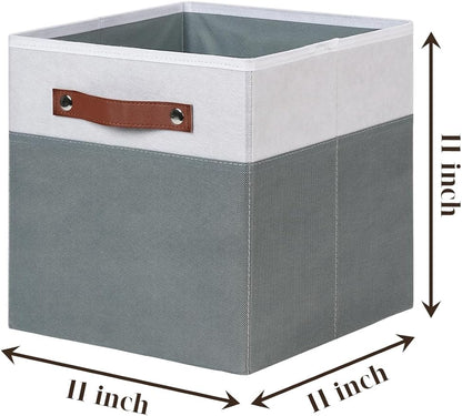 Temary 11x11 Storage Cubes Fabric Cube Storage Bins with Handles Clothes Storage Boxes Baskets for Organizing Home, Shelf, Closet (White&Grey, 11 x 11 x 11)