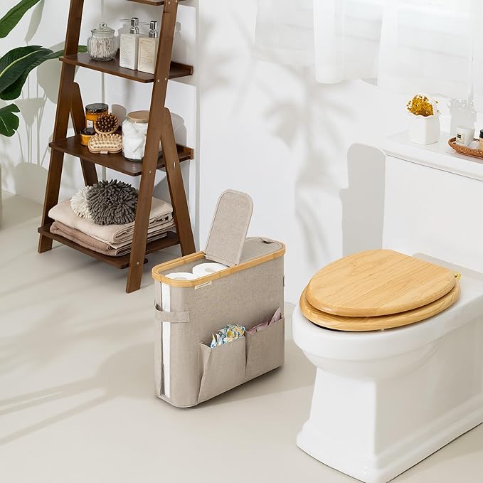 StorageWorks Toilet Paper Storage Baskets with Dual Flip Lids, Toilet Paper Organizer for Bathroom, Toilet Paper Container with Side Pocket, Holds 9 Mega or 12 Regular Rolls, Medium, Light Khaki