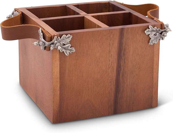 Vagabond House Caddy Square Acacia Wood Flatware/Serve ware/Utensil/Carry-All Holder with Solid Pewter Acorn & Oak Leaf Accent and Real Leather Handles, 4 Compartments 8 inch x 7 inch
