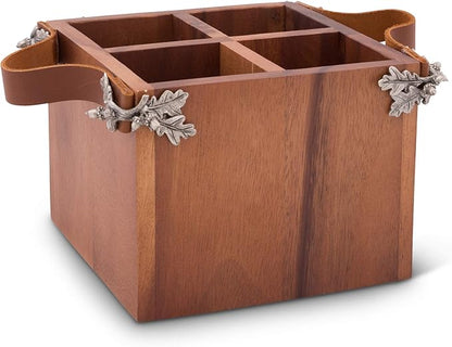 Vagabond House Caddy Square Acacia Wood Flatware/Serve ware/Utensil/Carry-All Holder with Solid Pewter Acorn & Oak Leaf Accent and Real Leather Handles, 4 Compartments 8 inch x 7 inch