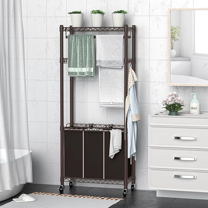 Hodonas 3-Section Laundry Sorter With Hanging Bar, Rolling Hamper Cart, Basket Organizer, Hanging Rack, Lockable Wheels and Removable Bags for Clothes Storage, Espresso