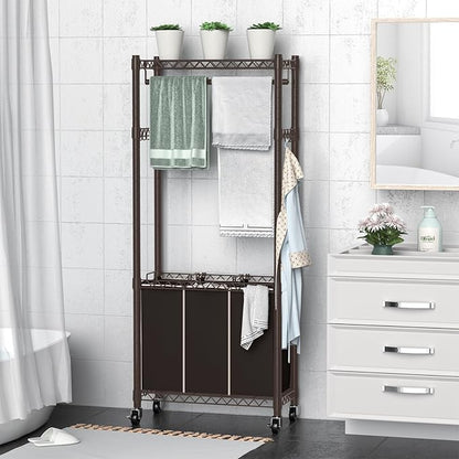 Hodonas 3-Section Laundry Sorter With Hanging Bar, Rolling Hamper Cart, Basket Organizer, Hanging Rack, Lockable Wheels and Removable Bags for Clothes Storage, Espresso