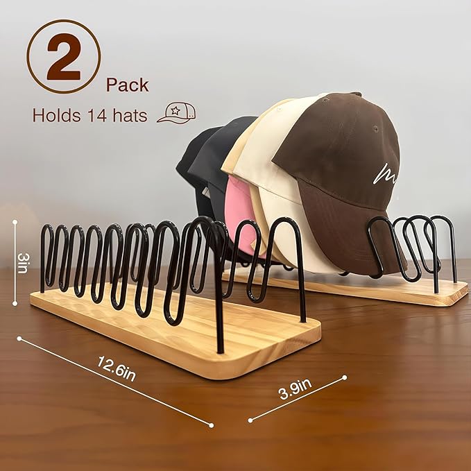 UdoUto Hat Organizer for Baseball Caps-2 PacK | Wood & Metal Hat Rack Holds 14 for Baseball Caps | Space-Saving Closet Shelf Organizer for Bedroom, Dresser, Entryway