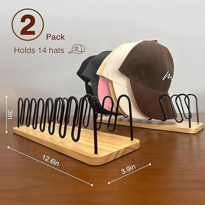 UdoUto Hat Organizer for Baseball Caps-2 PacK | Wood & Metal Hat Rack Holds 14 for Baseball Caps | Space-Saving Closet Shelf Organizer for Bedroom, Dresser, Entryway