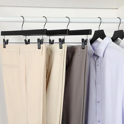 TOPIA HANGER Wooden Pants Hangers 20 Pack, Black Skirt Hanger with Clips and Rotatable Hook, Durable Rubber Wood Hangers for Skirts, Pants, Jeans, Shorts - CTS05B