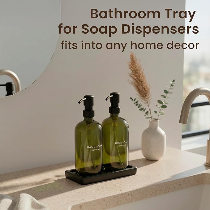 MaisoNovo Black Bathroom Tray Countertop - 7.4x5.1 inch Handcrafted Ceramic Kitchen Tray for Soap Bottles, Perfume, Jewelry - Moisture Resistant - Rectangle Bathroom Dish with 4 Anti-Slip Pads