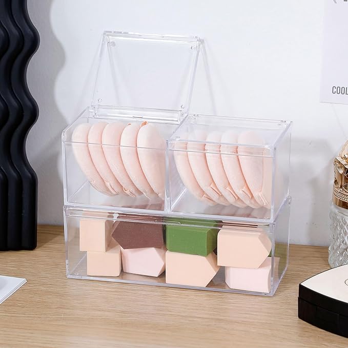 2 Pack Qtip Holder Dispenser with Lid , Plastic Bathroom Vanity Canister for Counter, Drawer and Cabinet Use, Cotton Balls, Makeup Pads, Floss Picks, Clear Desk Container