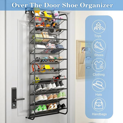 AQQHSAIN 10 Tier Over The Door Shoe Organizer Wall Shoe Shelf Shoe Holder Door Shoe Rack for Closet Pantry Hanging Shoes Clothes Toys Storage Shelves (Black)