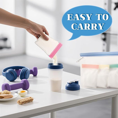 Protein Powder Travel Container Set,Reusable Powder Supplement Container To Go,21Pcs Single Dose Bags & 3Pcs Large Zip Bags,Portable Travel Containers with Funnel,Spoon
