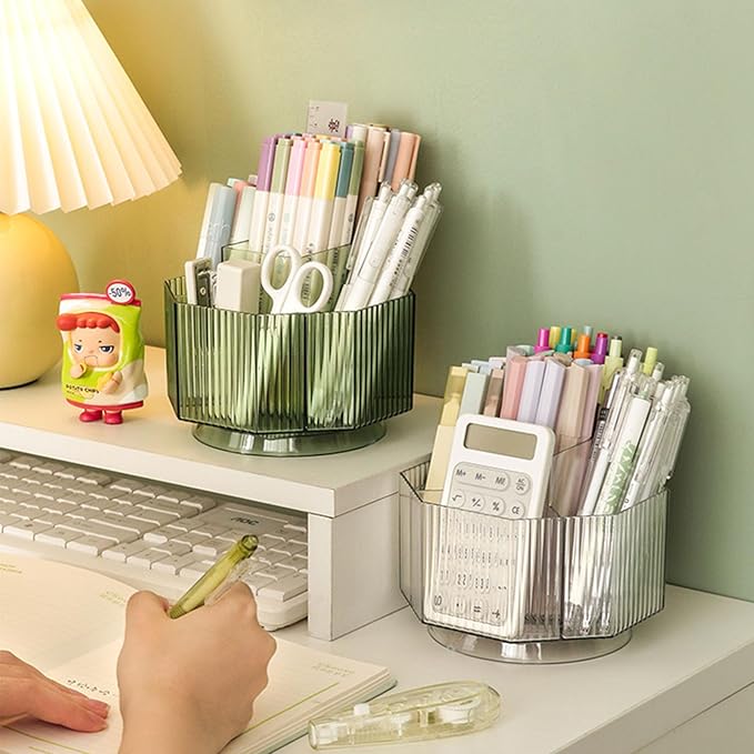 LINFIDITE 360°Rotating Makeup Organizer Holder Cosmetic Display Case Clear Makeup Brush Lip Gloss Organizer Case with 5 Slots Round Turntable Storage Tray for Vanity, Bathroom, Counter Organizer Green