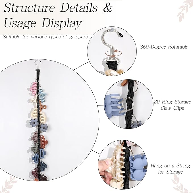 SNOWSTAR Macrame Hair Claw Clip Organizer with Rotating Hook and 20 Metal Rings,Hanging Hair Clip Holder and Storage for Women Girls,Claw Clips Hanger Home Decor for Wall,Door,Closet (Black1PCS)