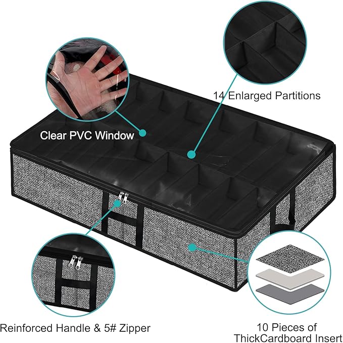 Under Bed Shoe Storage Organizer for Closet 2 Pack Fits 32 Pairs Underbed Shoes Container Boxes with Sturdy H-Handles, Foldable Shoe Rack Holder,Black