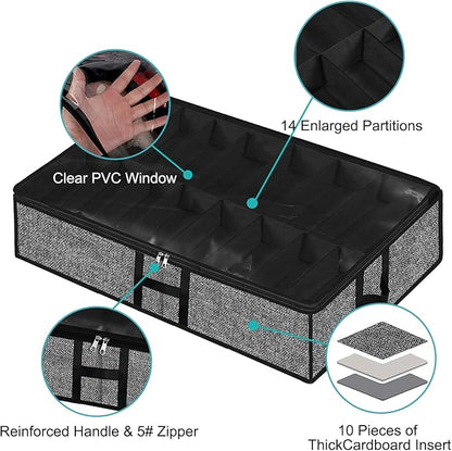 Under Bed Shoe Storage Organizer for Closet 2 Pack Fits 32 Pairs Underbed Shoes Container Boxes with Sturdy H-Handles, Foldable Shoe Rack Holder,Black