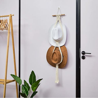 Yulejo Macrame Hat Hangers Racks Boho Cowboy Hats Holders Western Display Organizer Storage decor Back of Door for Wall(White,Two Hats Style)