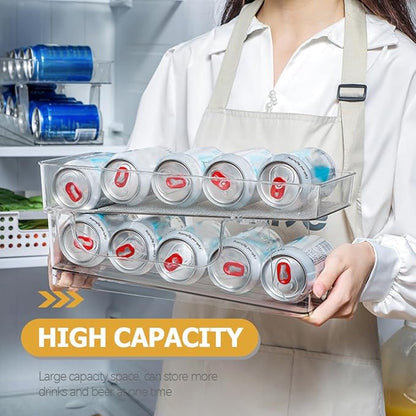OSALADI Double-layer Soda Can Organizer Dispenser, Stackable Plastic Can Holder with Auto-rolling Function for Fridge and Home Kitchen Storage