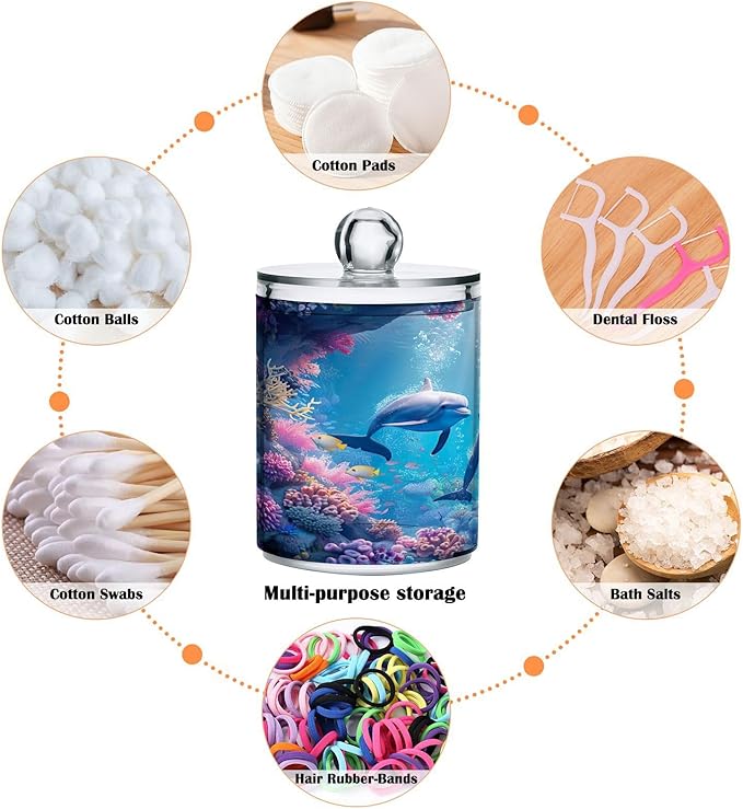 2 Pack Qtip Holder Dispenser Ocean Dolphins 10 Oz Bathroom Organizer with Lids Storage Canister for Cotton Ball,Cotton Swab,Cotton Round Pads,Floss