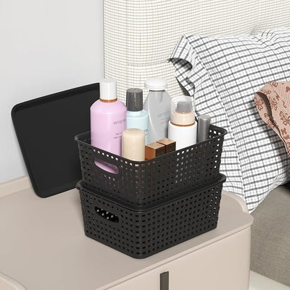 Set of 6 Plastic Lidded Storage Shelf Baskets, Stackable Storage Basket with Lid, Black